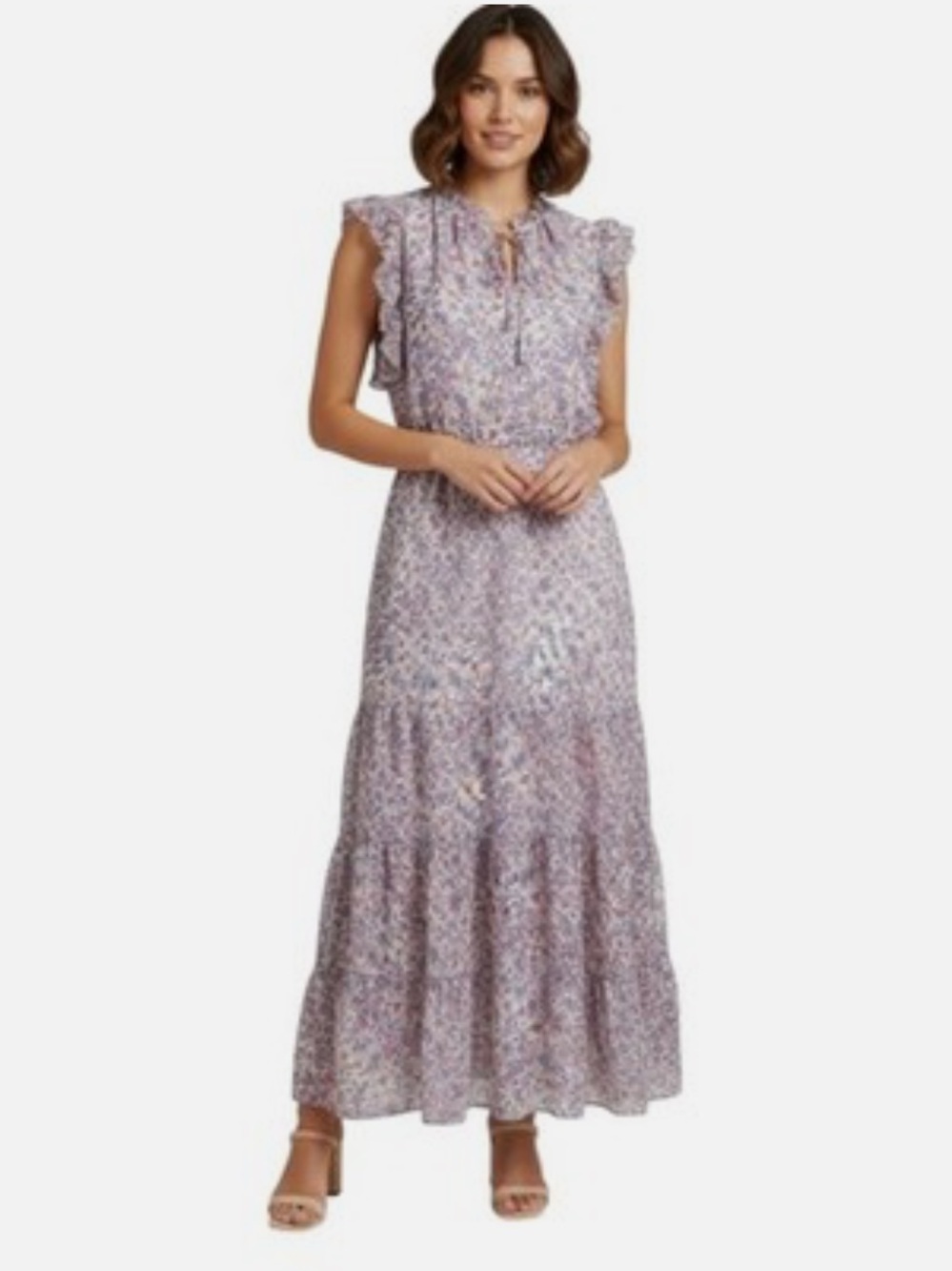 BB Dakota MED Pink Floral Chiffon Midi Dress Tiered Ruffle Cottage Core SZ L